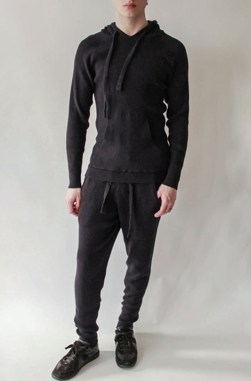 Ribbed Knit Bi-Level Hoodie In Black