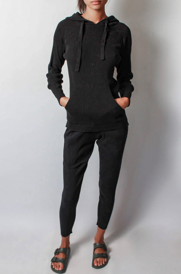 Ribbed Knit Bi-Level Hoodie In Black