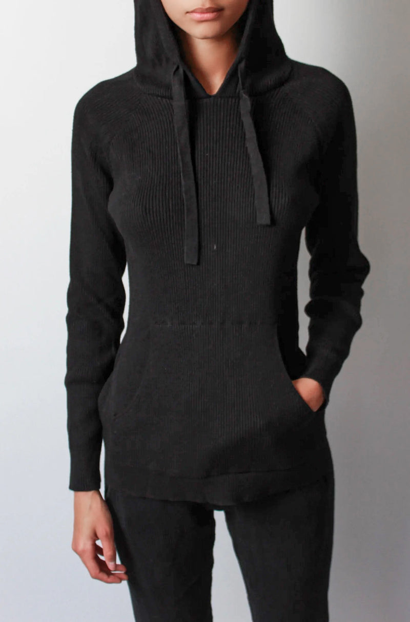 Ribbed Knit Bi-Level Hoodie In Black