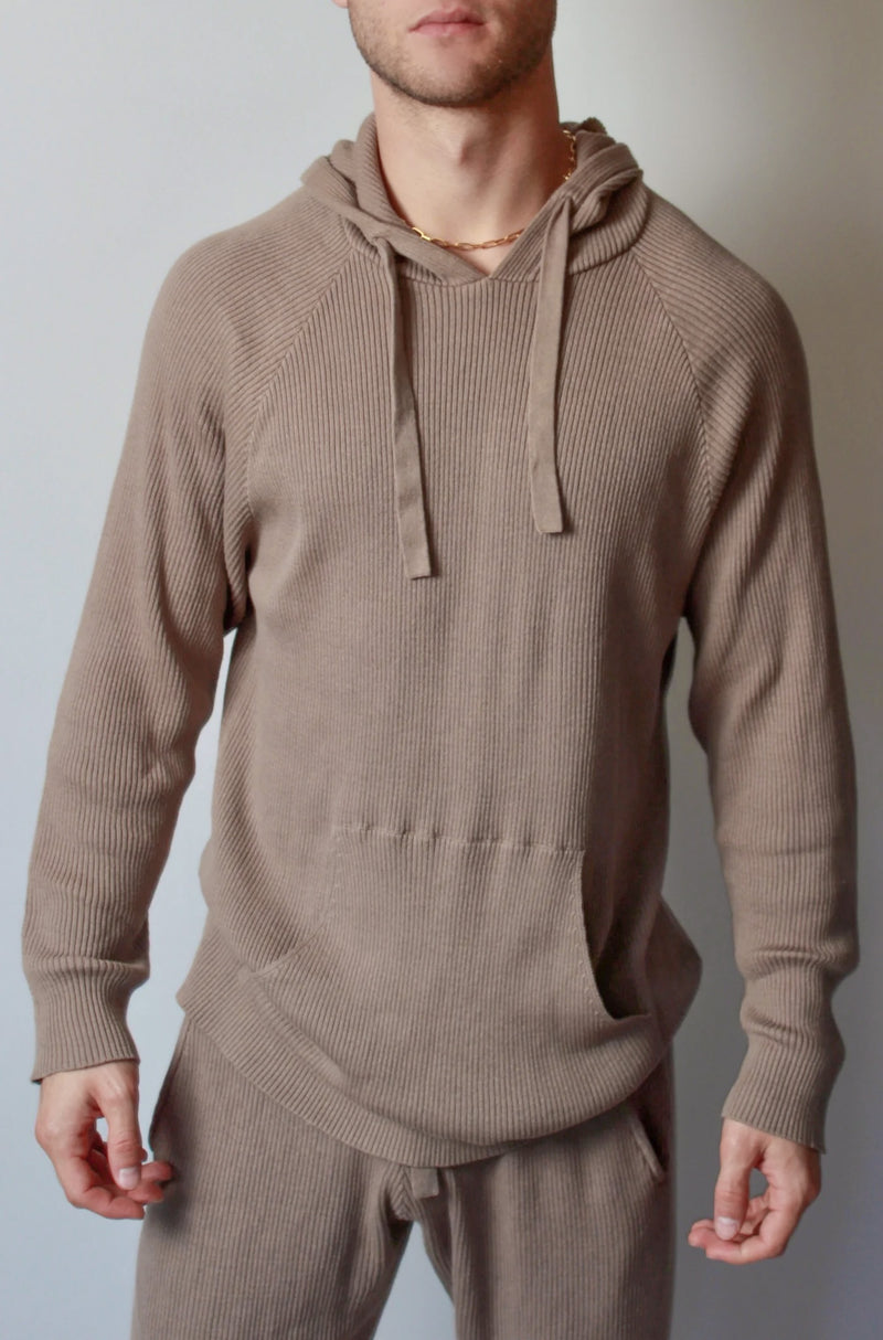 Ribbed Knit Bi-Level Hoodie In Taupe