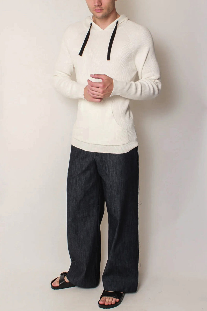 Contrast Ribbed Knit Hoodie in Ivory/Black
