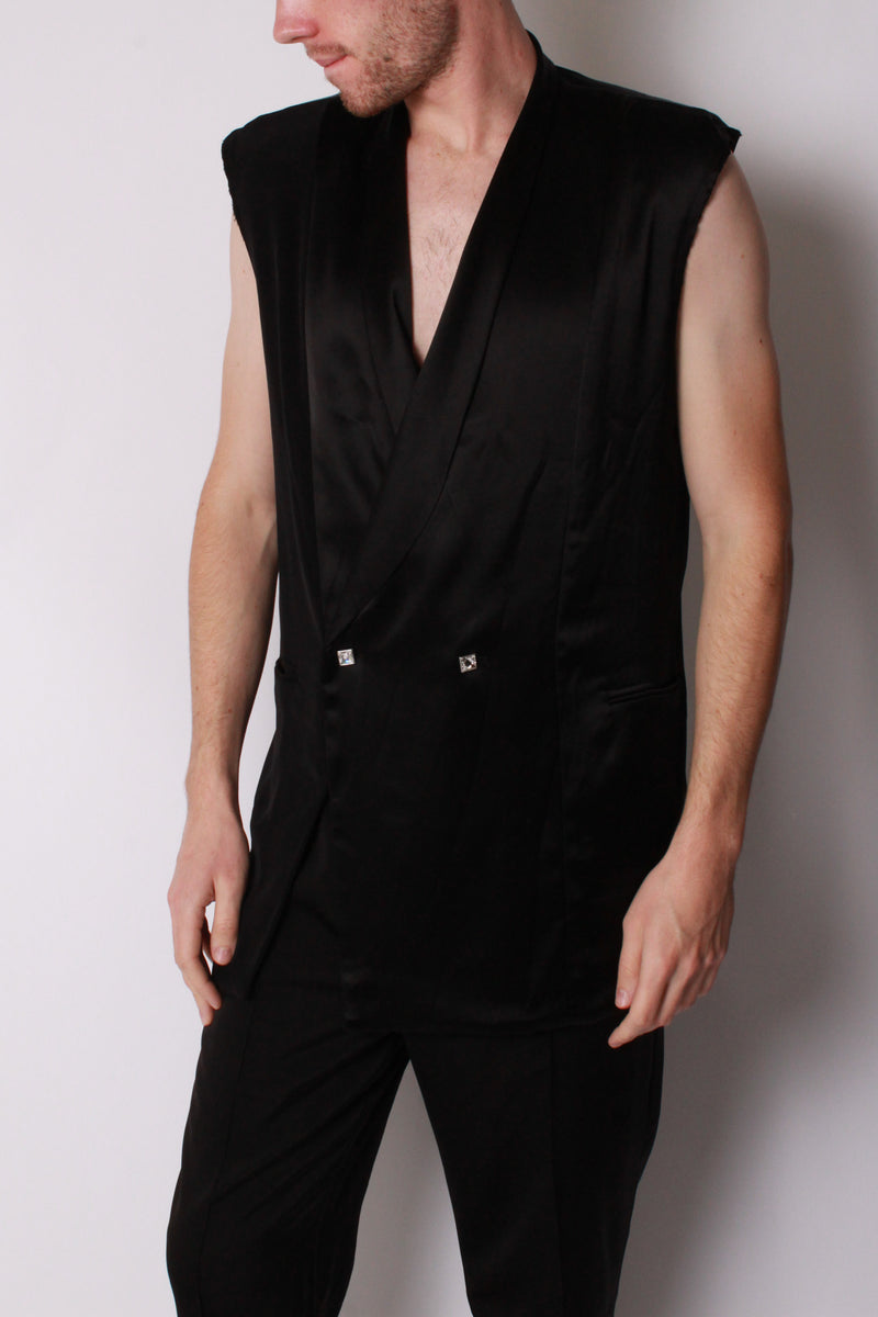 DB Vest with Crystal Buttons in Black Satin