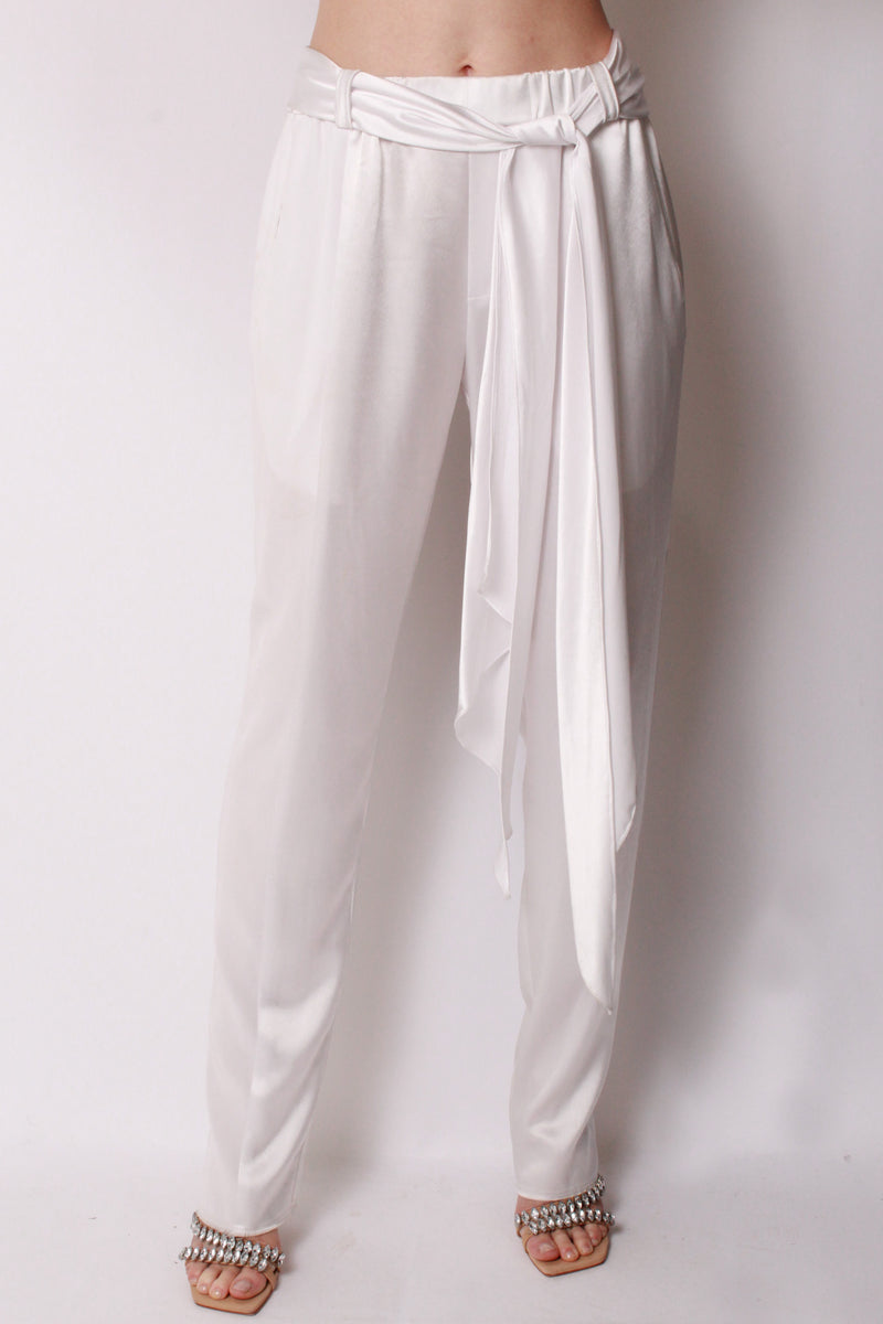 Sash-Tie Pants in White Satin