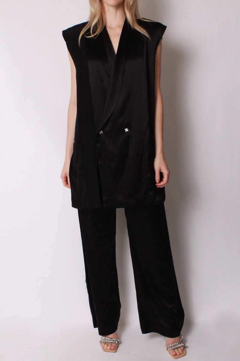 DB Vest with Crystal Buttons in Black Satin