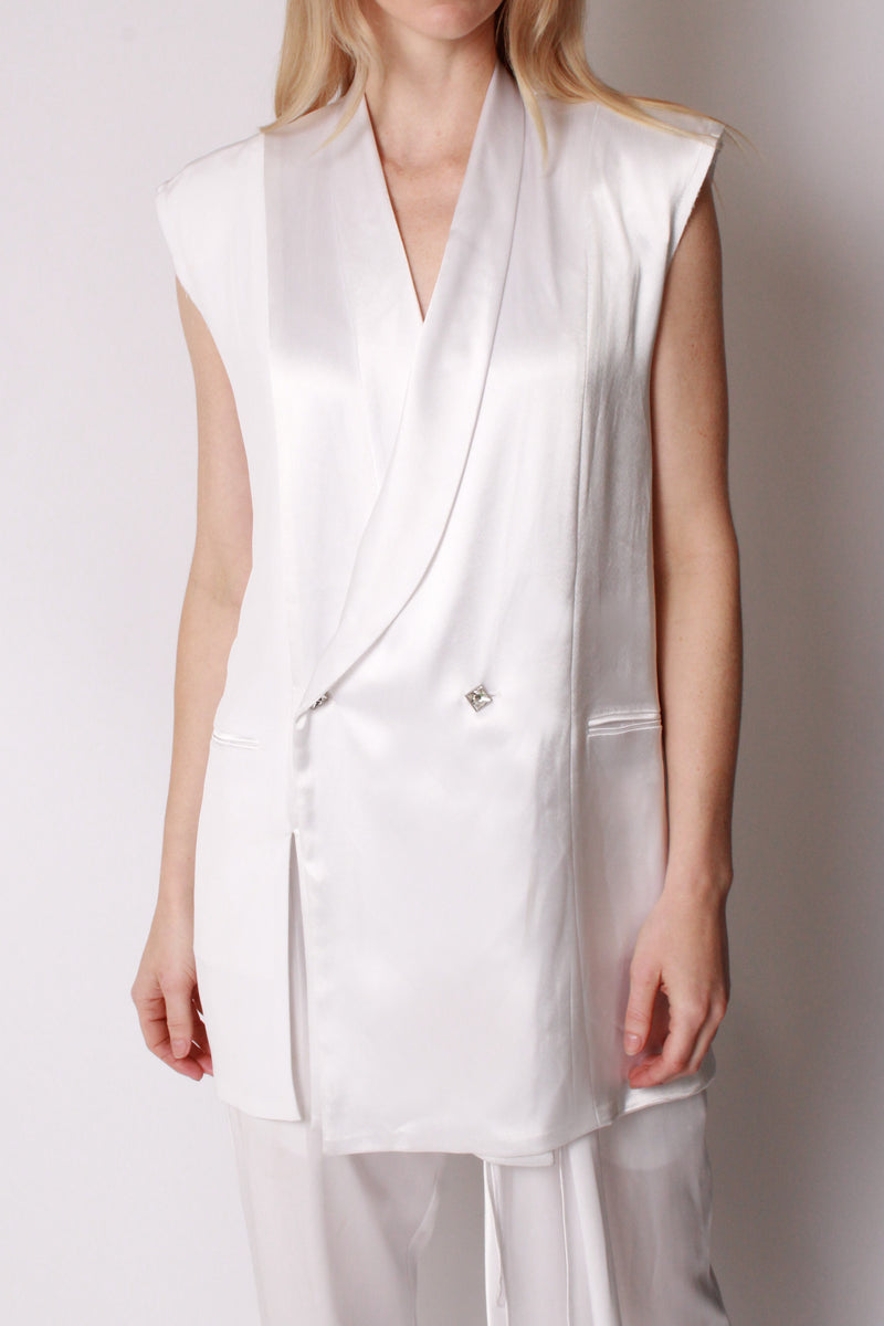 DB Vest with Crystal Buttons in White Satin