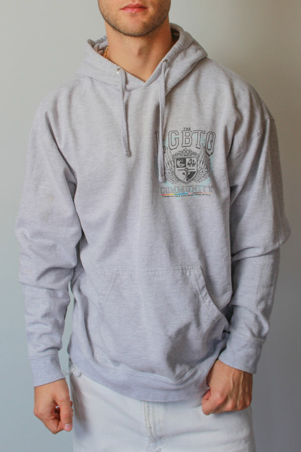 Drawstring Hoodie with LGBTQ+ Community Crest in Light Stone