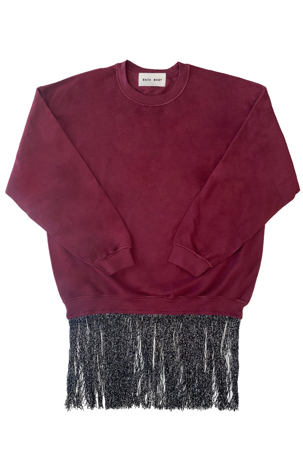 Lurex Fringe Sweatshirt Dress In Cranberry