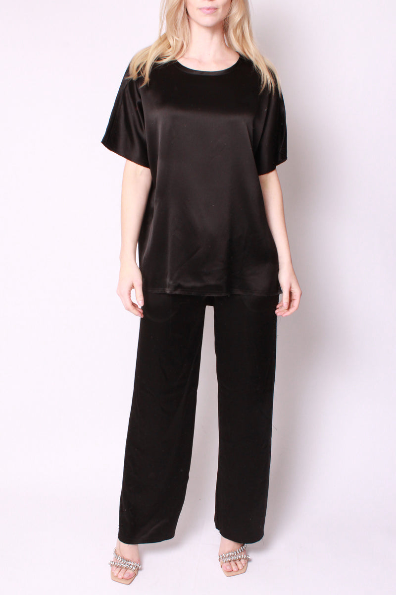 Bi-Level Tee In Black Satin