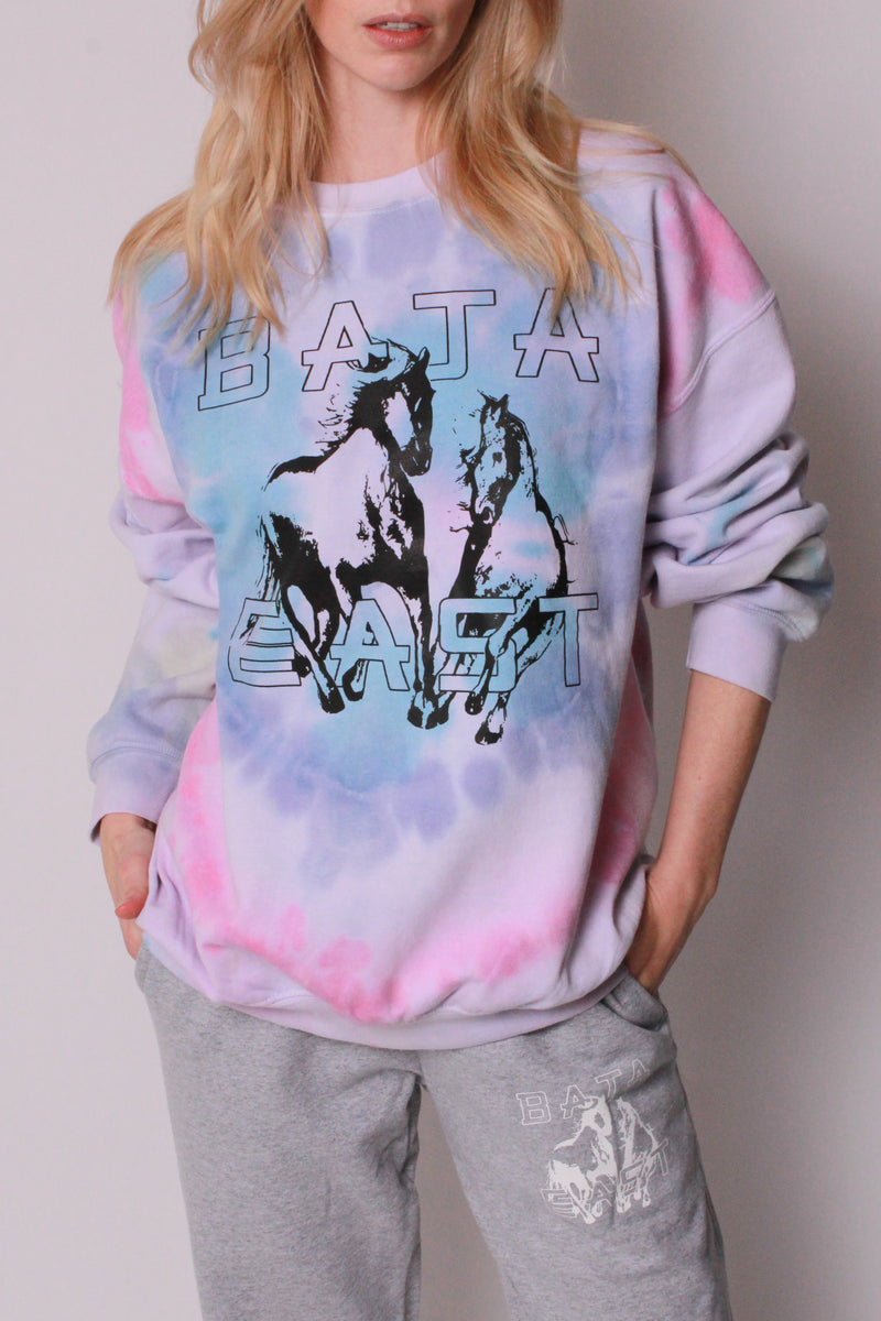Fleece Crew With Freedom Horses In Pink, Lilac, Marine & Turquoise Tie-Dye