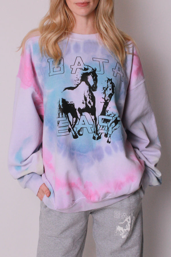 Fleece Crew With Freedom Horses In Pink, Lilac, Marine & Turquoise Tie-Dye