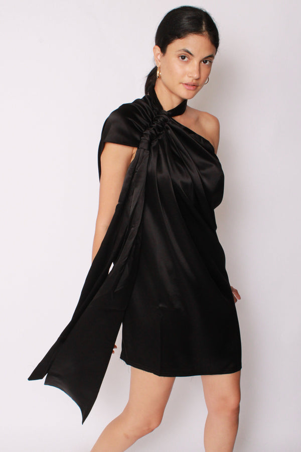 Scarf Dress in Black Satin