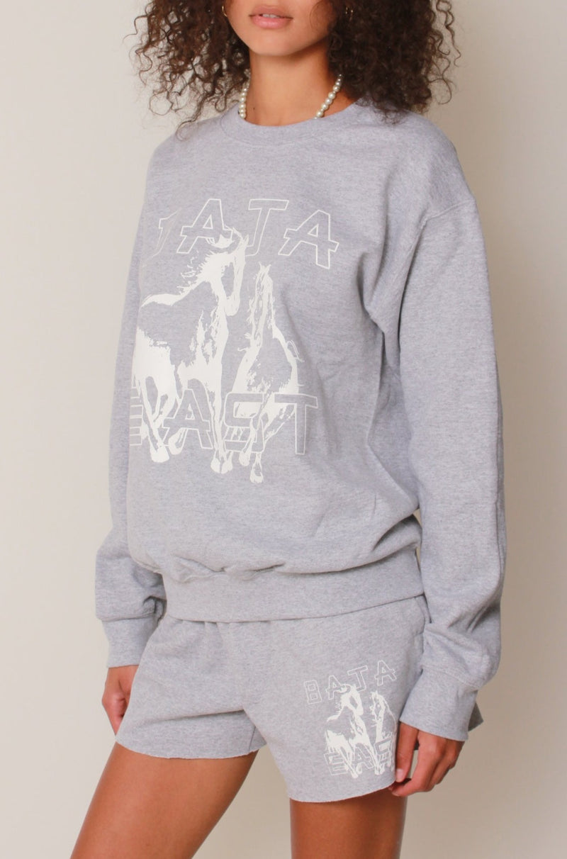 Fleece Crew with Freedom Horses in Heather Grey