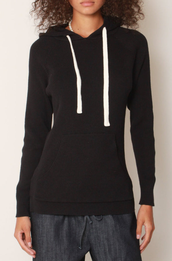 Contrast Ribbed Knit Hoodie in Black/Ivory