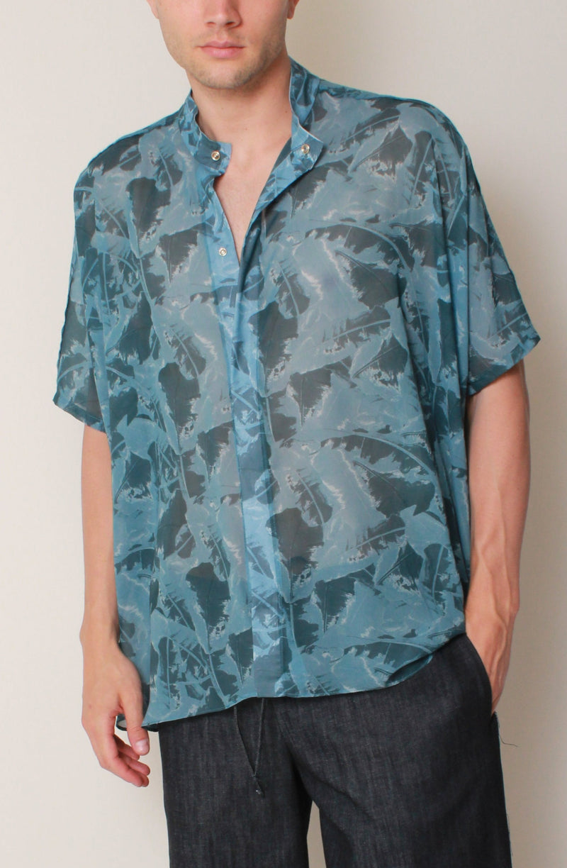 Kaftan Shirt In Blue Palm Chiffon