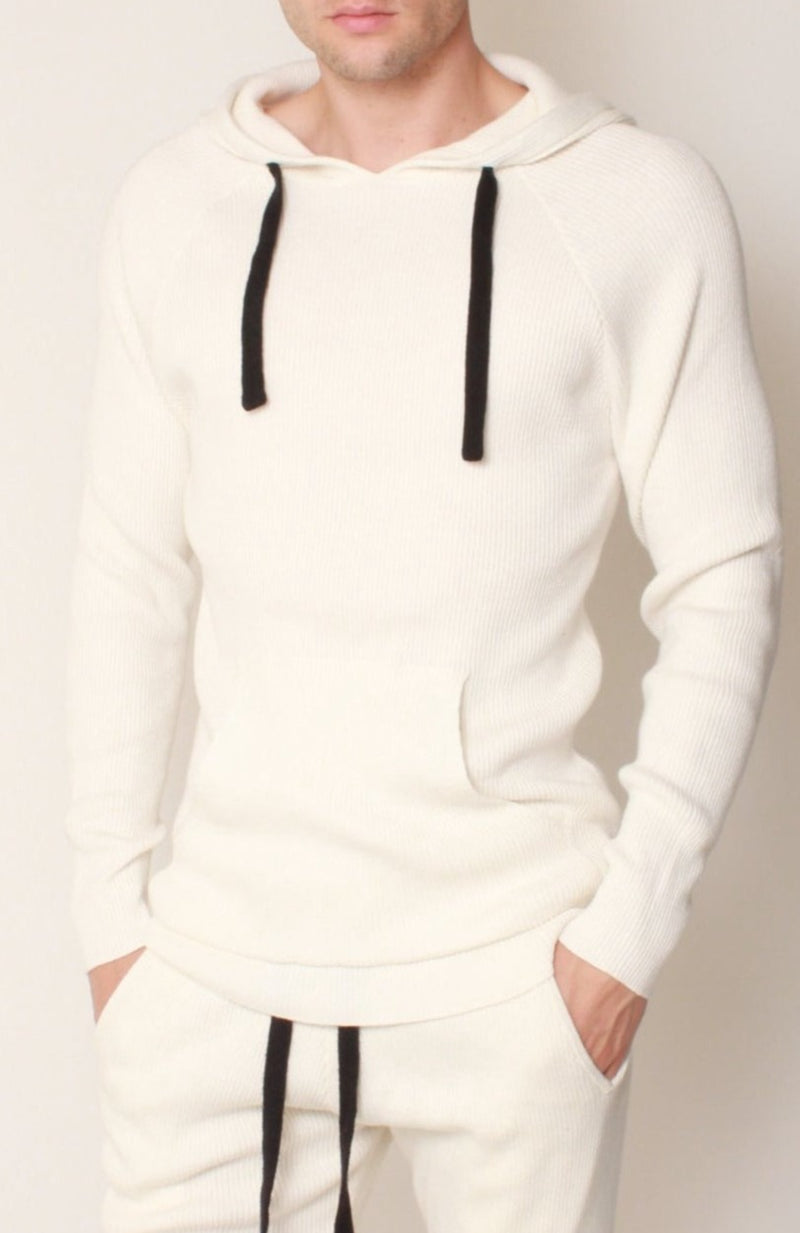 Contrast Ribbed Knit Hoodie in Ivory/Black