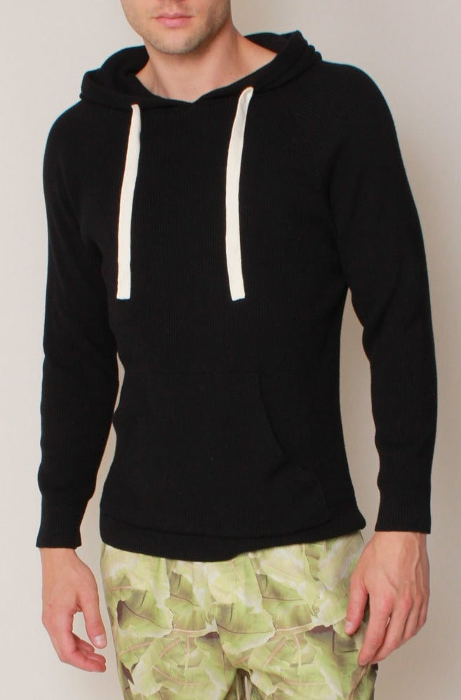 Contrast Ribbed Knit Hoodie in Black/Ivory