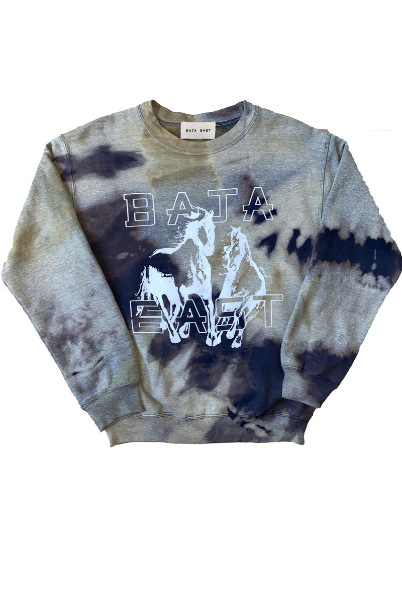 Fleece Crew With Freedom Horses In Bleached Midnight Tie-Dye
