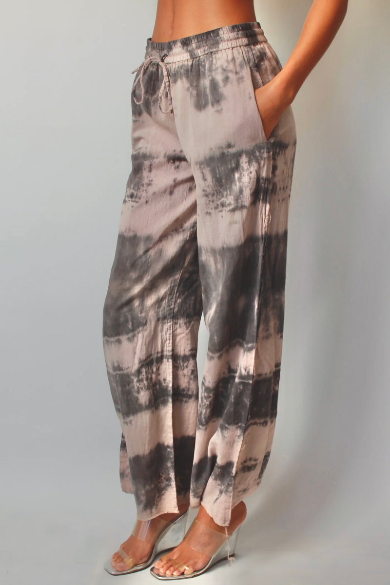 Wide Leg Pant In Taupe Tie-Dye Cotton Voile