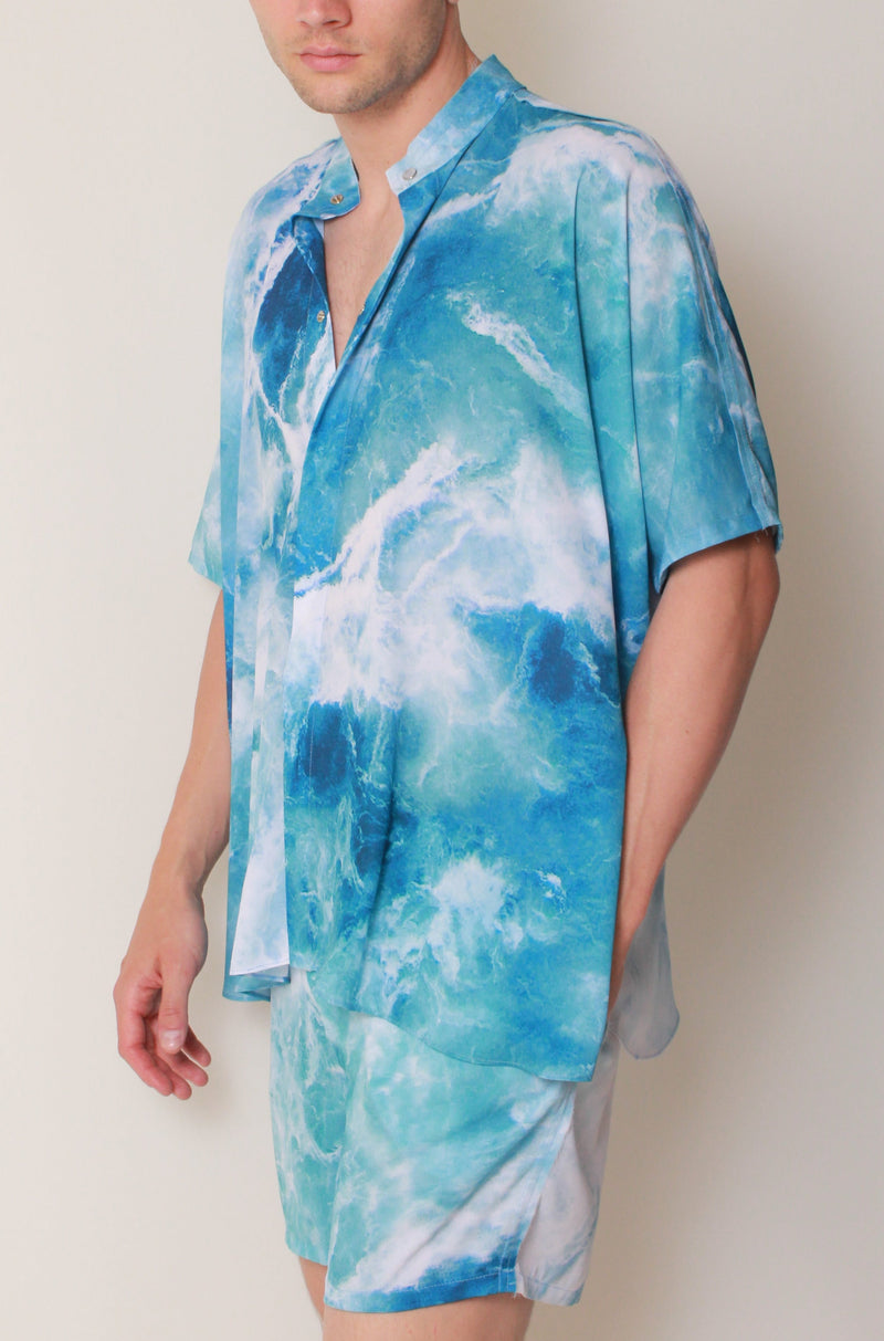 Kaftan Shirt In Pacific Surf Crepe
