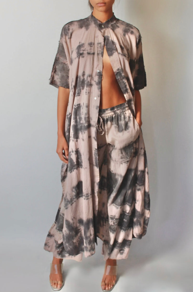 Wide Leg Pant In Taupe Tie-Dye Cotton Voile
