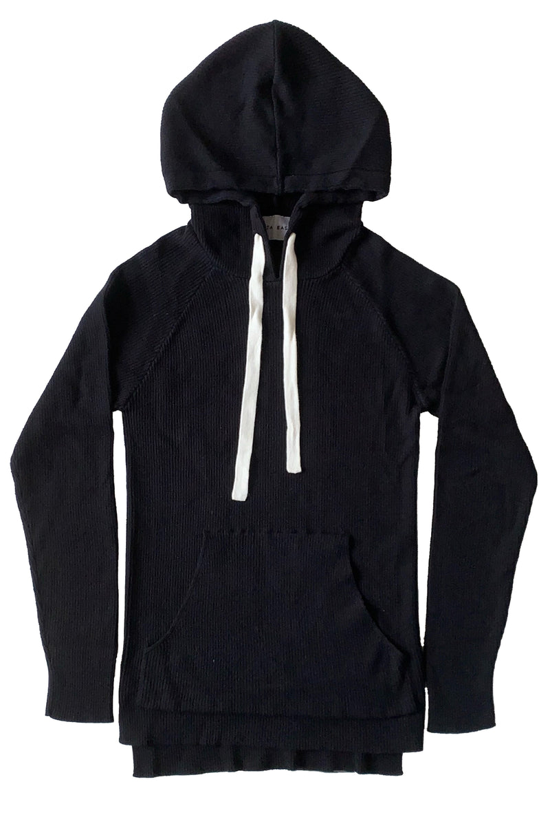 Contrast Ribbed Knit Hoodie in Black/Ivory